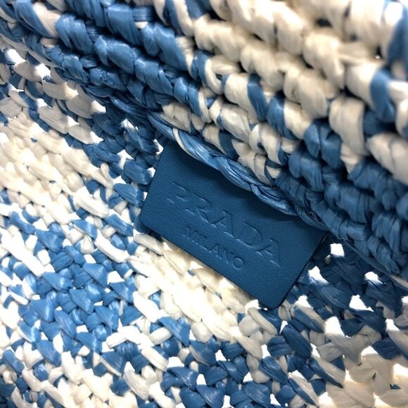 PRADA 1BG422 Small Crochet Basket Bag Tote Bag Handbag Raffia blue/White - Picture 7 of 12